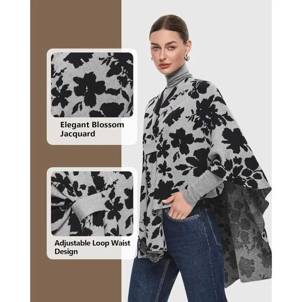 Women's Heather Gray Black Elegant Poncho Sweater Spring Fall Winter Shawl Wraps